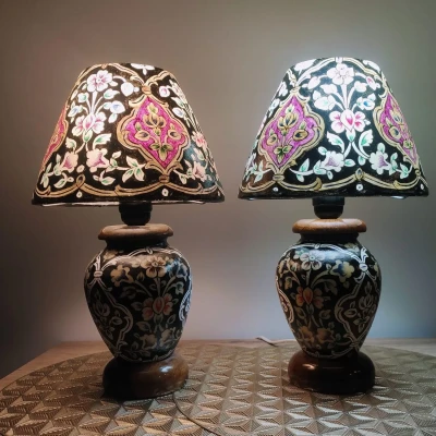 Traditional Koh-e-Noor table lamp with a hand-painted camel skin shade and matching floral base in rich Multani motifs