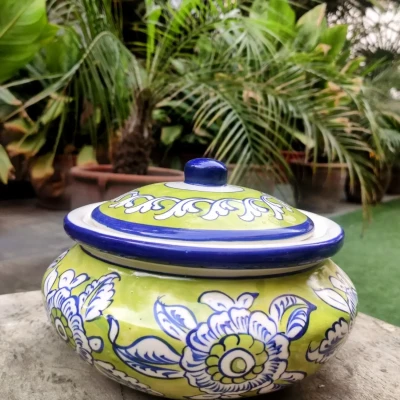 Green Multani pottery handi with blue-and-white floral motifs, photographed outdoors among plants.