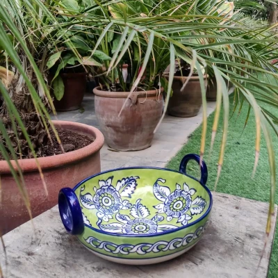 Green Multani pottery serving karahi with blue-and-white floral motifs, placed outdoors among potted plants.